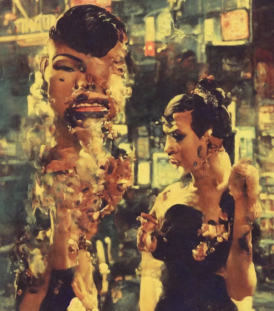 Image similar to standing portrait of ecstatic cardi b looking into the camera standing smoking a cigarette, warm street lights store front, 1 9 6 0 s technicolor, intricate, moody, personal, highly detailed, short focus depth, donato giancola, joseph christian leyendecker, frank frazetta, alex horley, ralph horsley, michael whelan, 2 0 0 mm focal length