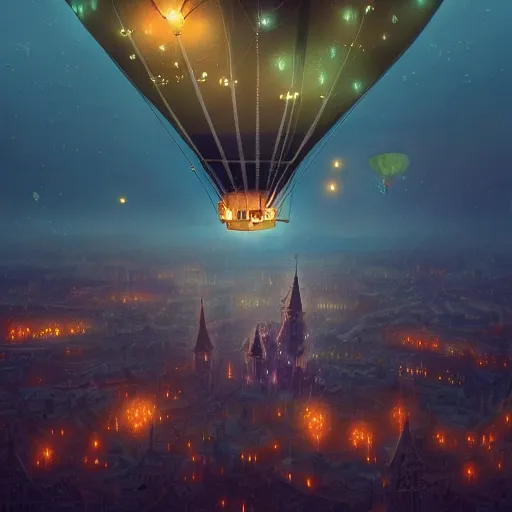 Image similar to a beautiful stunning fantasy whimsical matte digital illustration of a hot - air balloon race over a city at night by marc simonetti, pastel color palette, disney steampunk, chiaroscuro magical bokeh moon stars, trending on artstation hq, masterpiece