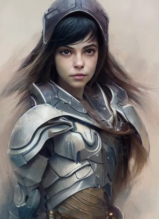 Image similar to a professional portrait of a beautiful young female, clothed in ethereal battle armor, olive skin, long dark hair, beautiful bone structure, symmetrical facial features, intricate, elegant, digital painting, concept art, smooth, sharp focus, finely detailed, illustration, from Valerian and the City of a Thousand Planets, in the style of Ruan Jia and Mandy Jurgens and Artgerm and Greg Rutkowski and William-Adolphe Bouguerea