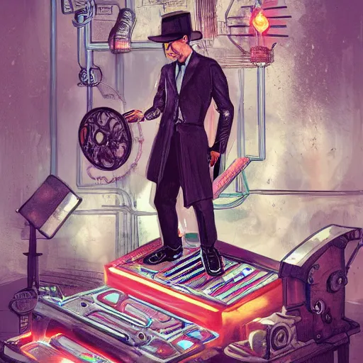 Prompt: a aesthetic portrait of a magician working on ancient machines to do magic, concept art