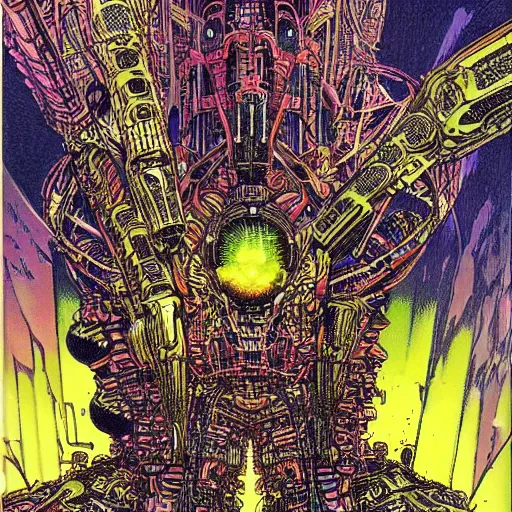 Prompt: cybernetic anomaly by Philippe Druillet, bright tones