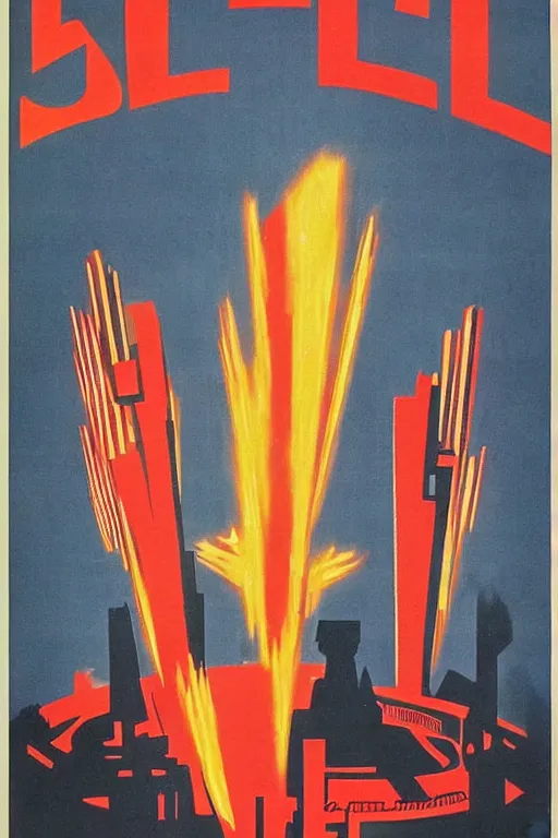 Image similar to ussr propaganda poster of 1 9 5 0 s city burning, futuristic design, dark, symmetrical, washed out color, centered, art deco, 1 9 5 0's futuristic, glowing highlights, intense