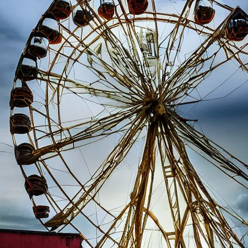 Image similar to an old abandoned rusty ferris wheel, in a town filled with pale yellow mist. Dystopian. Award-winning colored photo. OM system 12–40mm PRO II 40mm, 1/100 sec, f/2 8, ISO 800