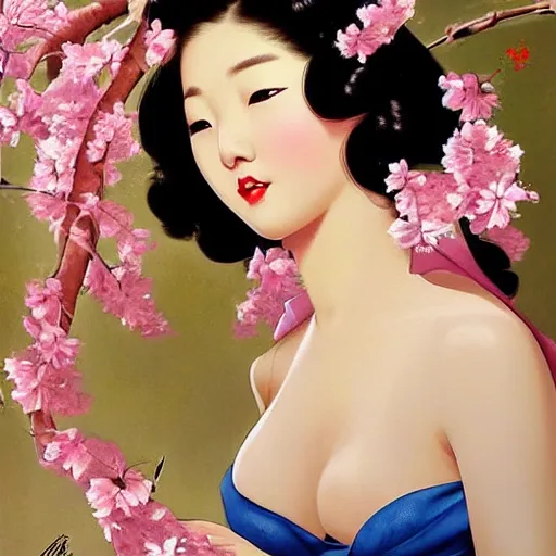 Prompt: pin - up portrait of a beautiful young traditional korean woman, pretty long hair, cherry blossoms, intense flirting, showing curves, symmetrical face, digital art, smooth, extremely detailed, model pose, intense look, dream, gorgeous young model, traditional beauty, pretty, by wu bayard, by gil elvgren, by ralph horsley, by hanks steve