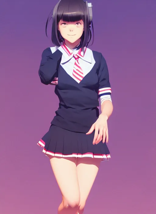 Image similar to full body beautiful and cute and aesthetic school girl greeting, very slightly smiling, wave a hand at the camera, perfect face, symmetric eyes, sharp focus, specular reflection, occlusion shadow, artstation, by ilya kuvshinov and jeremy lipking, light novel cover art, 3 d epic illustrations, symmetric body, model pose