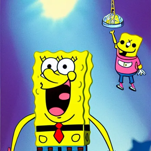 Image similar to spongebob hanging out in space with his friend patrick starr