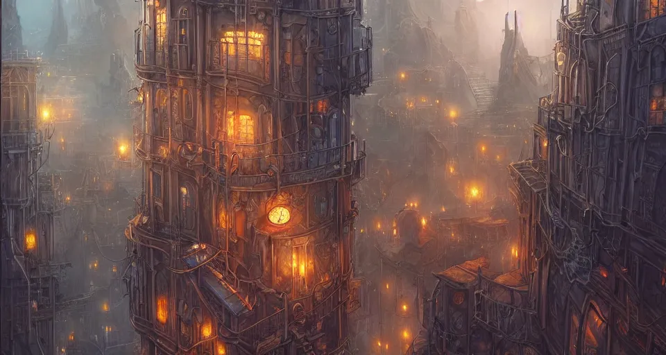 Prompt: landscape painting of fantasy metal steampunk city that has a light blue glow with walkways and lit windows and a hooded thief in browns leathers climbing one of the tall buildings using a rope, fine details, magali villeneuve, artgerm, rutkowski