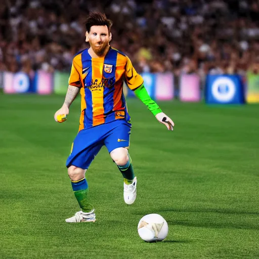 Prompt: Lionel Messi hitting the ball, photorealistic, 4k