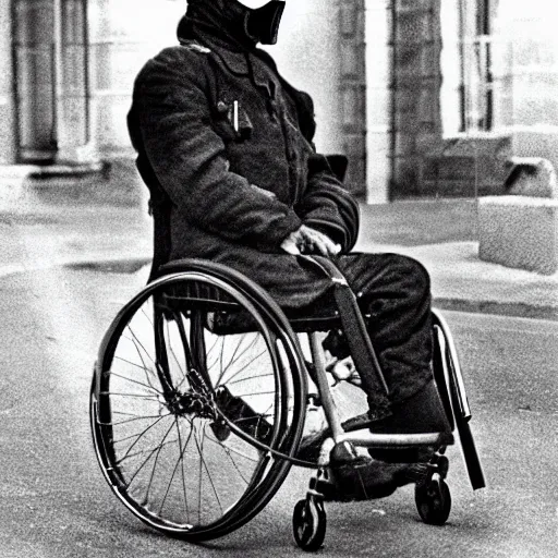 Image similar to gas mask guy in a wheelchair, realistic, old photograph