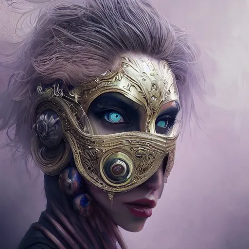 Prompt: Very very very very highly detailed epic central composition studio photography of face with venetian mask, intricate, dystopian, sci-fi, extremely detailed, digital painting, artstation, concept art, smooth, sharp focus, illustration, intimidating lighting, incredible art by Anna Dittmann and Jesper Ejsing and Anton Pieck