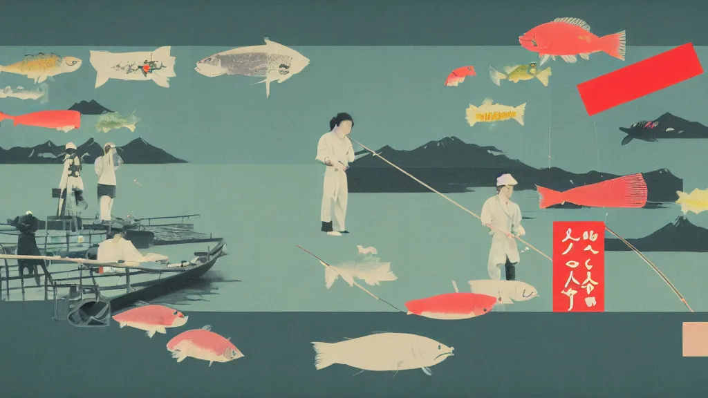 Image similar to japan fishing in odaiba, a collage painting, in the style of wes anderson, lola dupre, david hockney, isolated on negative space background dark monochrome neon spraypaint accents volumetric octane render