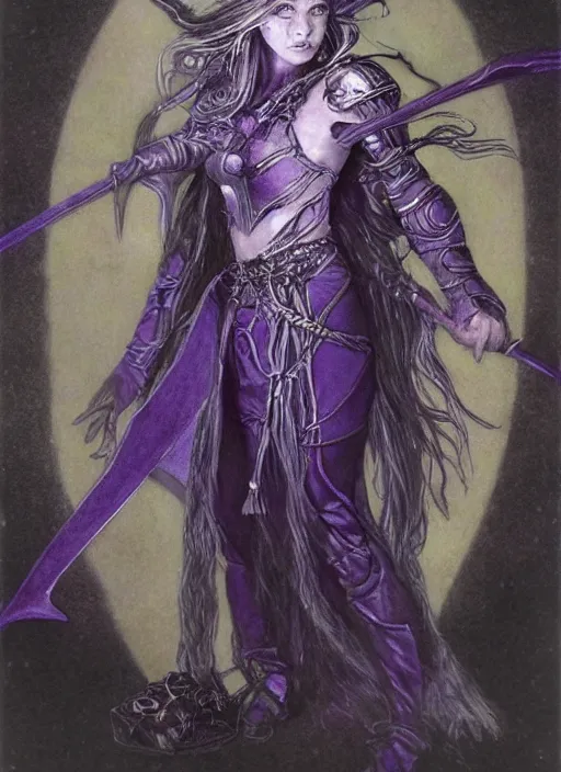 Image similar to portrait of young female sorceress of the endtimes, transluscent skin, silver filigreed armor, lavender hair, beautiful! coherent! dungeons and dragons character, by brian froud, strong line, cool night color, high contrast