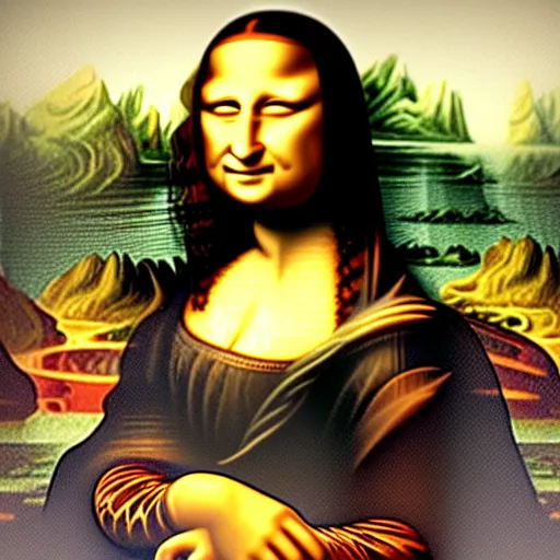 Prompt: Mona Lisa taking a selfie, doing a peace sign and pouting her lips