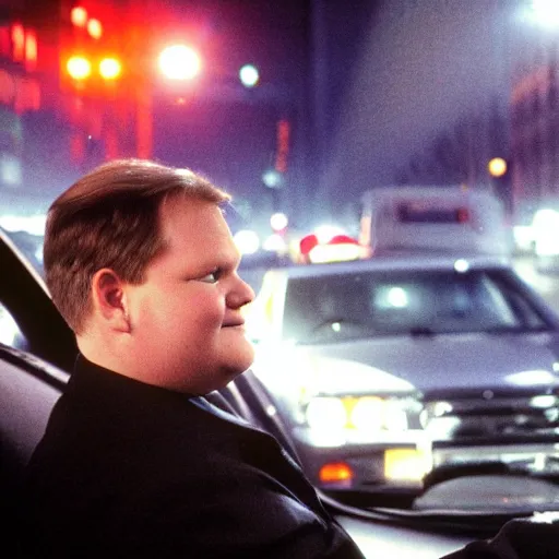 Prompt: 1 9 9 8 andy richter wearing a black wool coat and necktie in his car driving through the streets of chicago at night, pov back seat of car, cozy atmosphere