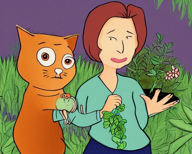 Prompt: cartoon of a nice old lady and her plant cat, pixar, sharp high quality