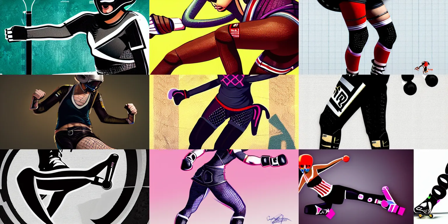 Image similar to logo design, roller derby girl sprinting Cross-Over, wearing skate helmet, knee pads, elbow pads,full length portrait, fishnet tights, torn, ripped, fists in the air, illustration by greg rutkowski