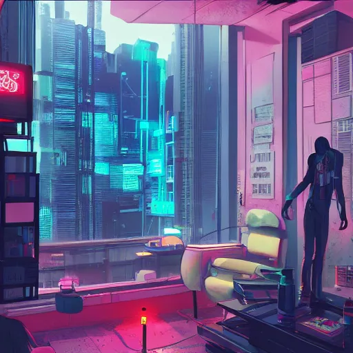 Image similar to the cyberpunk apartment, render, octane, 4k, highly detailed, vivid colors, high definition, by James Gilleard and Makoto Shinkai and Victo Ngai