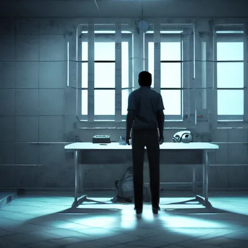 Prompt: cinema 4D cinematic render, ultra detailed, of a person inside a jail cell sitting with a desk and CRT monitor, 4K concept art, detailed, dark setting, cinematic lighting, light shining through the jail cell, casting shadows, trending on art station, old computer monitor, stressful, working, hyper realistic, ultra detailed, unreal engine, 8K post production