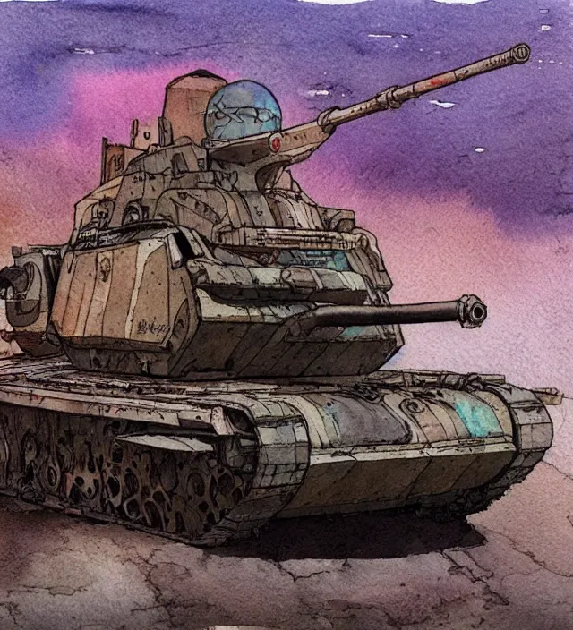 Prompt: a 3 / 4 view watercolor ink painting of a post - apocalyptic tank in the style of jean giraud in the style of moebius trending on artstation deviantart pinterest detailed realistic hd 8 k high resolution