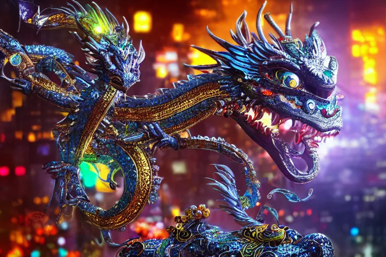 Prompt: cinematic shot of a silver chinese dragon intricately decorated with colorful jewels, detailed textures, midnight city lights, strong bokeh, dramatic lighting, unreal engine, cgsociety, artstation, 4k
