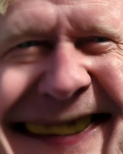 Prompt: a film still extreme close - up shot of boris johnson grinning. photography, photographic