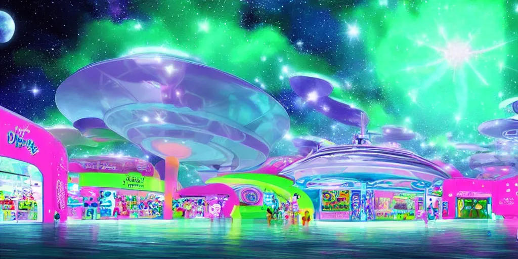 Prompt: bright candy toy store spaceport mall white pink green, award winning art, epic dreamlike fantasy landscape, art print, science fiction, ultra realistic,