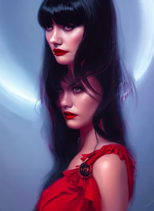 Image similar to portrait of veronica lodge with bangs, vampire, long hair, red clothes, bangs, intricate, elegant, glowing lights, highly detailed, digital painting, artstation, concept art, smooth, sharp focus, illustration, art by wlop, mars ravelo and greg rutkowski