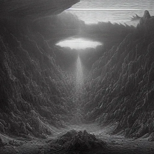 Prompt: a bleak dystopian world, divided down the middle in the vivid vaporwave style of gustave dore