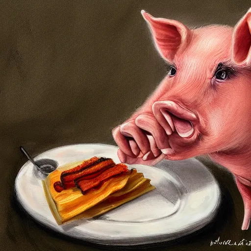 Prompt: a pig eating a rasher of bacon. detailed, realistic, digital painting,
