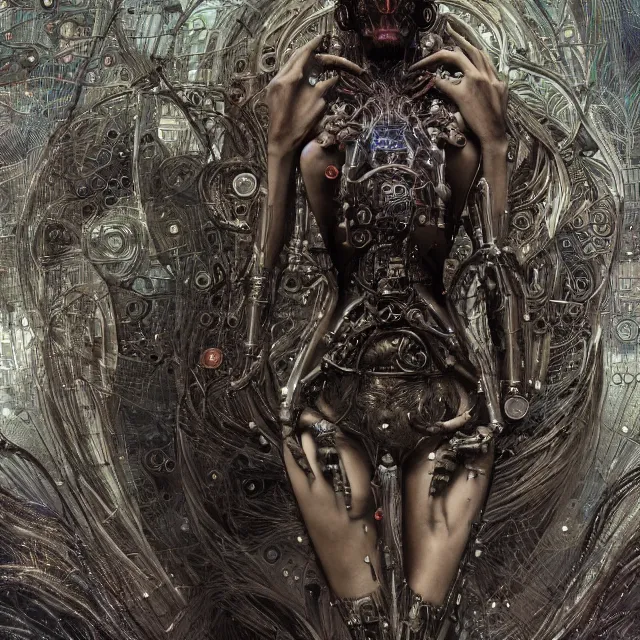 Image similar to timeless cybernetic deity with circuitry skin and networked mind tripping on acid, intricate detail, royo, whealan, giger, klimt, hd, octane render, unreal engine,