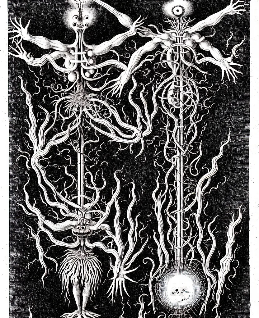 Image similar to fiery freaky creature sings a unique canto about'as above so below'being ignited by the spirit of haeckel and robert fludd, breakthrough is iminent, glory be to the magic within