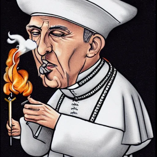 Image similar to a caricature of the pope smoking a cigar, drawing, caricature