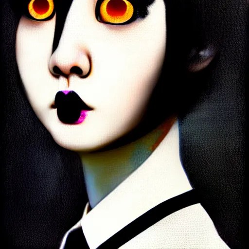 Image similar to yoshitaka amano blurred and dreamy realistic three quarter angle portrait of a young woman with black lipstick and black eyes wearing office suit with tie, junji ito abstract patterns in the background, satoshi kon anime, noisy film grain effect, highly detailed, renaissance oil painting, weird portrait angle, blurred lost edges