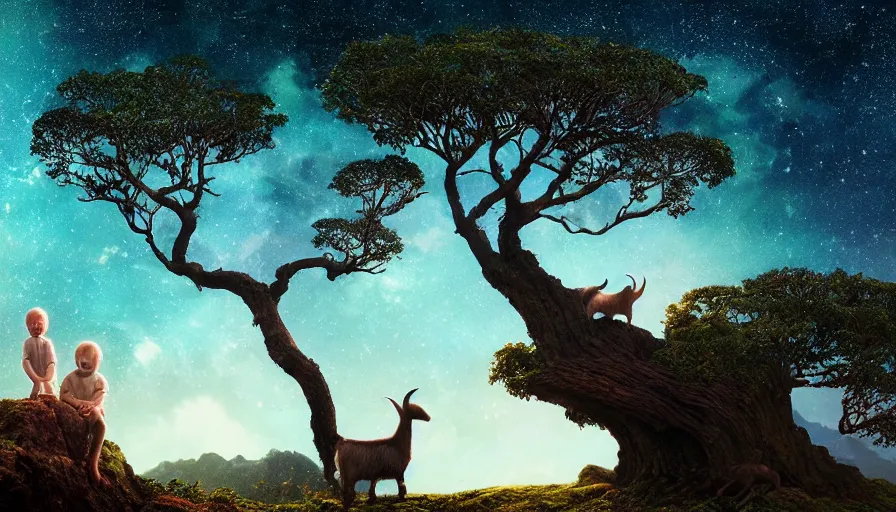 Image similar to very very small goat, sitting on a gigantic banyan tree in moonlit socotra island by ilya kuvshinov, starry night, rtx rendering, octane render 1 2 8 k, maya, extreme high intricate details by tom bagshaw, medium shot, close up shot, composition by sana takeda, lighting by greg rutkowski, stranger things