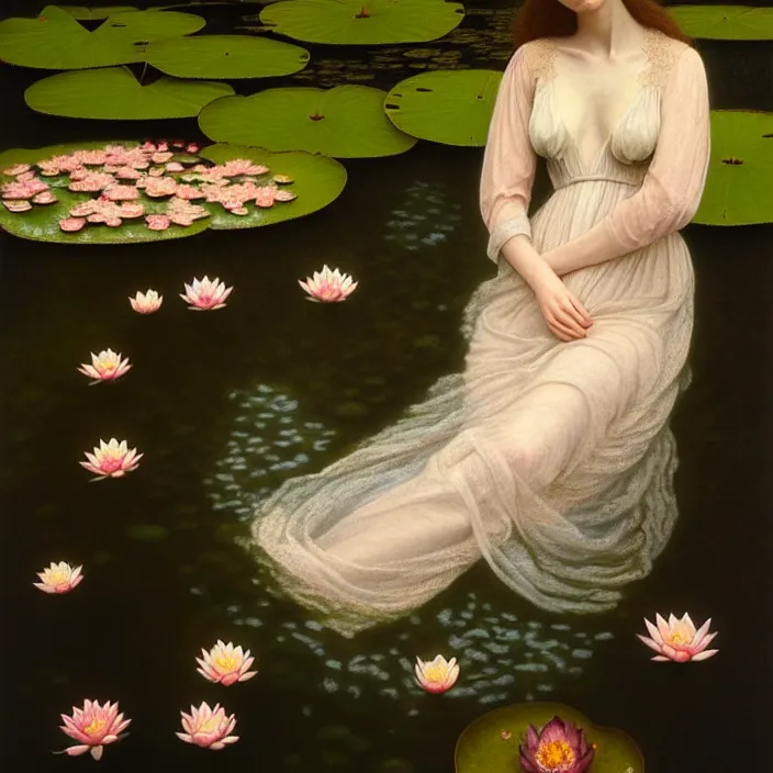 Prompt: Kodak Portra 400, 8K, soft light, volumetric lighting, highly detailed, britt marling style 3/4 ,portrait photo of a beautiful woman how pre-Raphaelites painter, the face emerges from the water of a pond with water lilies, a beautiful lace dress and hair are intricate with highly detailed realistic beautiful flowers , Realistic, Refined, Highly Detailed, natural outdoor soft pastel lighting colors scheme, outdoor fine art photography, Hyper realistic, photo realistic