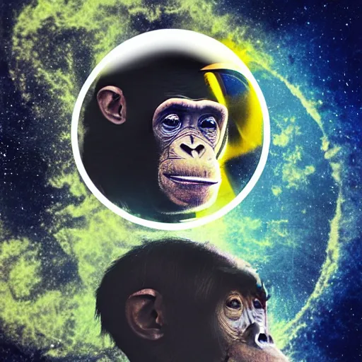 Image similar to double exposure portrait of astronaut and a chimpanzee astronaut with space and time in the the background by davinci, circles, psychedelic, pencil art, high definition, dynamic lighting stars, sharpness, golden ratio