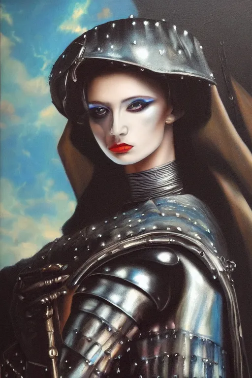 Image similar to hyperrealism oil painting, close - up portrait of punk gothic medieval brunette fashion model, knight, steel gradient mixed with nebula sky, in style of baroque