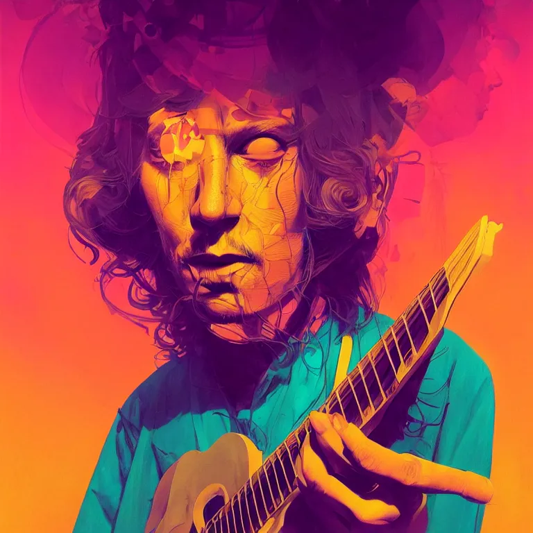 Prompt: duotone trippy 1 9 6 0 s lsd concept illustration portrait of a hippy rock musician. studio scene. volumetric lighting. golden ratio accidental renaissance. by sachin teng and sergey kolesov and ruan jia and heng z. graffiti art, scifi, fantasy, hyper detailed. octane render. concept art. trending on artstation.