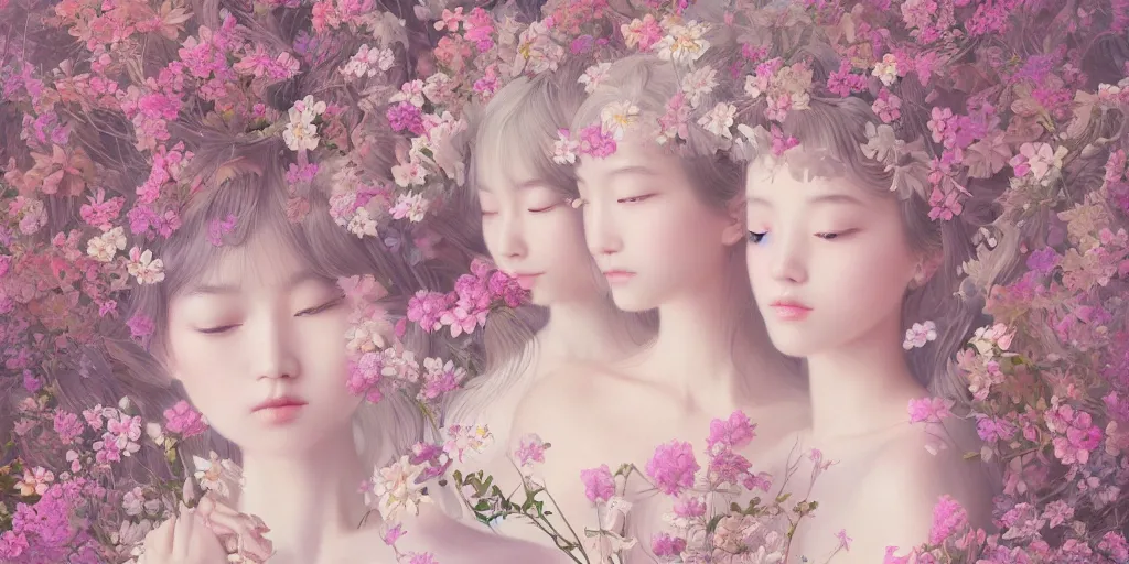 Image similar to breathtaking delicate detailed concept art painting pattern blend of flowers and girls, by hsiao - ron cheng, bizarre compositions, exquisite detail, pastel colors, 8 k