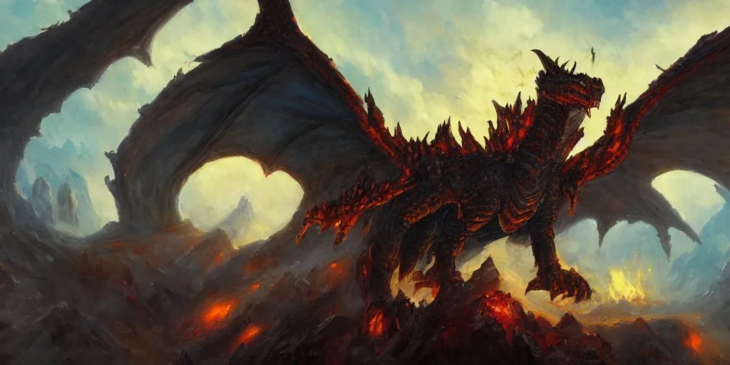Prompt: oil painting of one deathwing dragon from world of warcraft flying down on earth by greg rutkowski, closed up view