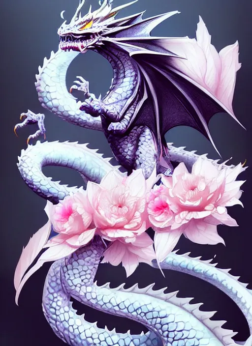 Image similar to cute dragon cute dragon, black, white, blue, pink and gold color scheme, flowers, cool, highly detailed, artgerm, cushart krenz, artstation, soft light, sharp focus, illustration, character design, concept art