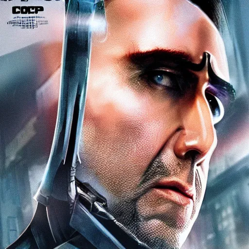 Prompt: a film poster of robocop with nicolas cage, realism, film grain