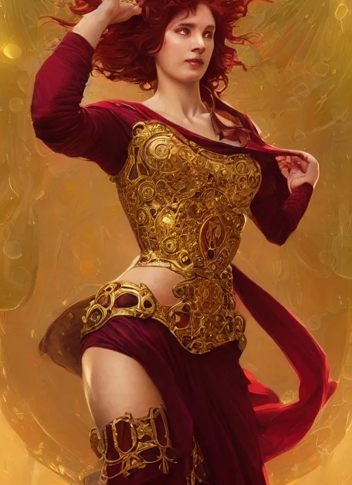 Image similar to !! fullbody!! dynamic movement pose, beautiful woman with red hair, byzantine noble, gold jewellery, dnd, face, fantasy, intricate, elegant, highly detailed, digital painting, artstation, concept art, smooth, sharp focus, illustration, art by artgerm and greg rutkowski and alphonse mucha