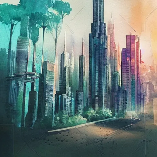 Prompt: Beautiful happy futuristic city in harmony with nature. Nice colour scheme, soft warm colour. Beautiful detailed watercolor by Lurid. (2022)