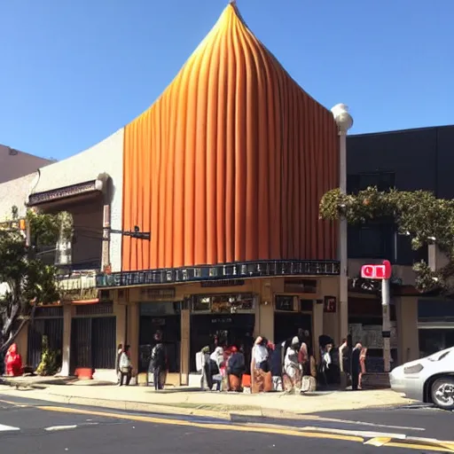 Prompt: impressive inner city club building looking like a whiskey bottle embedded in a sunset strip panorama people are standing in line, waiting to get in