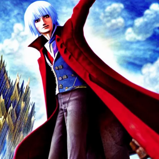 Image similar to a shot of dante from devil may cry in howl's moving castle movie, movie shot, anime, hightly detailed, rescalated 4 k, detailed