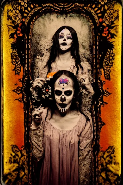 Image similar to tintype, ecstasy of saint teresa in dia de muertos dress and make up, horrific beautiful vibe, evocative, atmospheric lighting, painted, intricate, highly detailed, leesha hannigan, wayne haag, reyna rochin, ignacio fernandez rios, mark ryden, iris van herpen, stunning, gorgeous, sharp focus, cinematic, masterpiece