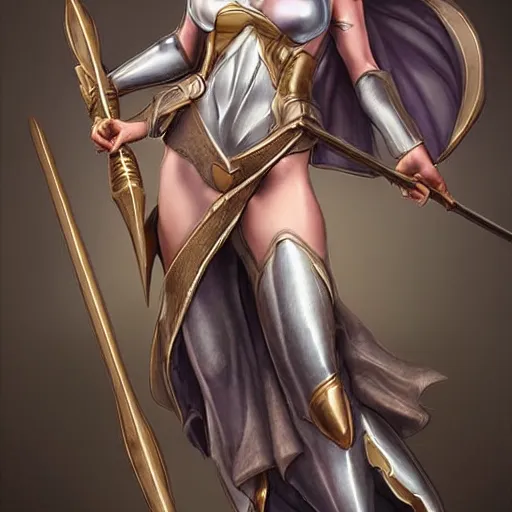 Image similar to fantasy woman with armor emerging from the sea holding a staff made with mother-of-pearl, by Artgerm, medium shot