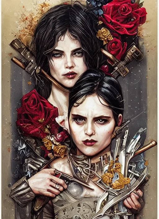 Image similar to tarot card :: horror :: hearts and roses :: gold and silver :: guns and swords :: Sandra Chevrier and bastien lecouffe deharme