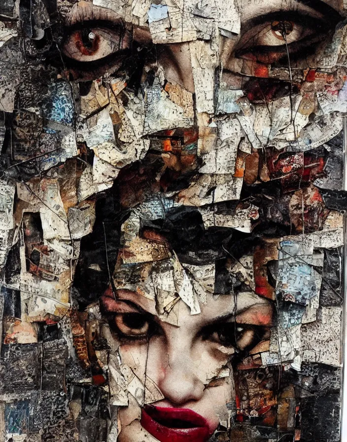 Prompt: frowning liquid eyes detailed analogue mixed media collage with canvas texture in style of contemporary art, punk art, hyperrealistic beautiful face, photorealistic, expressionism, masterpiece, perfect composition, spectacular quality torn paper, intricate oil details